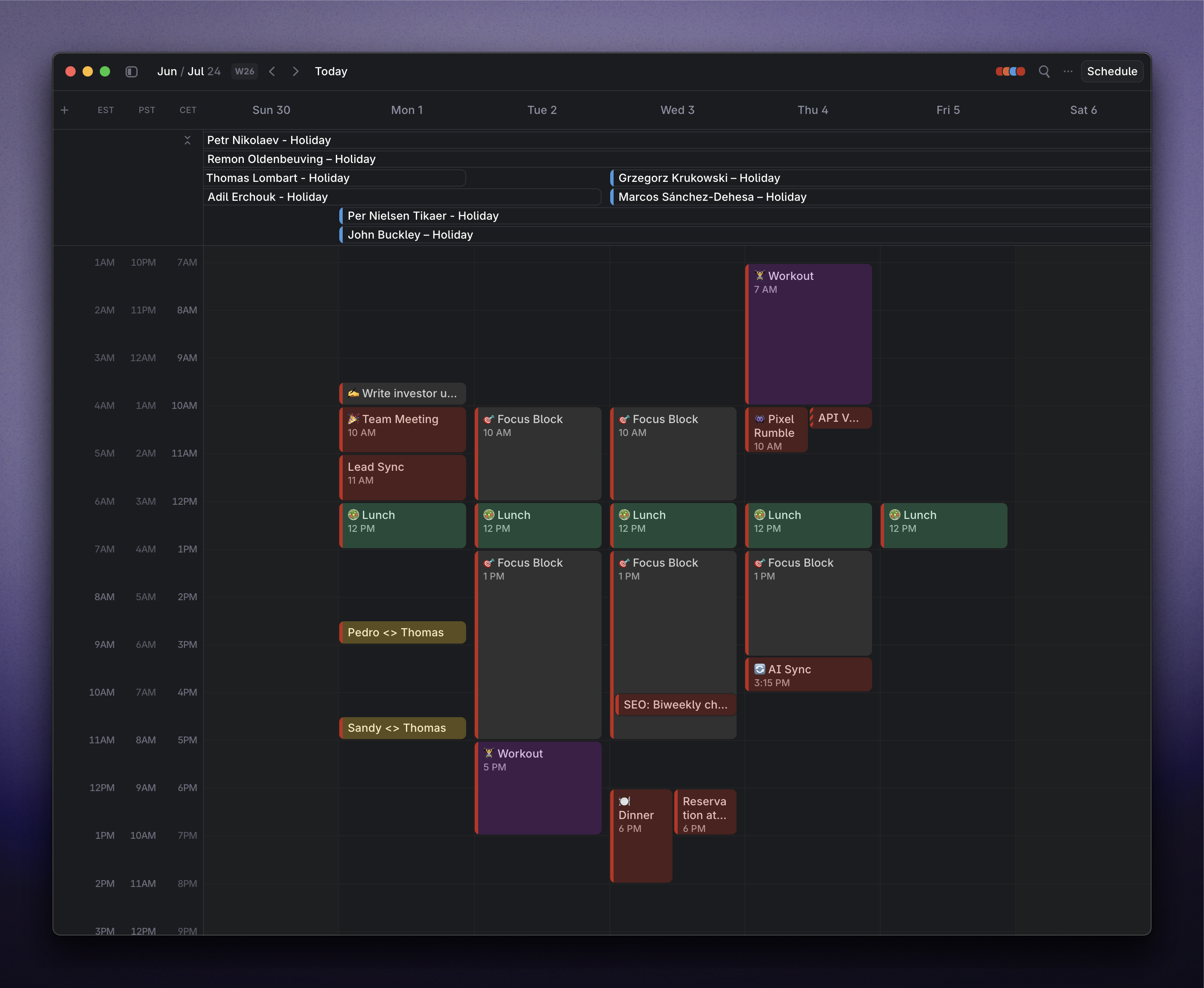 The neatly organized calendar of Thomas